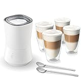 Tchibo Kaffeezubehör Set „Milk Lover“, inkl. elektrischer Milchaufschäumer Weiß, 4 Latte Macchiato Gläser und 4 Latte Macchiato Lö