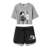shownicer Japanische Anime Attack On Titan Shorts und Top Sets Zweiteiler Damen Anime AOT Scouting Legion 3D Sommer T-Shirt + Kurze Hose 2 Teile Sport Suit Grau Schwarz M