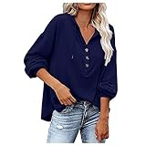 Damen Herbst Kordelzug Tops Langarm V-Ausschnitt Solide Knopf Blusen Shirts Frau T-Shirt, navy, XXL