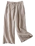 FTCayanz Damen Leinen Culottes Hose Leichte Weitem Bein Sommerhose mit Kordelzug Beige L