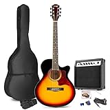 MAX ShowKit Akustische E-Gitarre Set mit 40 Watt Verstärker, Gitarrentasche, Gitarrenstimmgerät, Instrumentenkabel, Plektrum und E Akustikgitarre in Sunb
