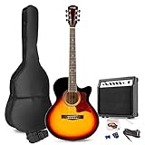 MAX ShowKit Akustische E-Gitarre Set mit 40 Watt Verstärker, Gitarrentasche, Gitarrenstimmgerät, Instrumentenkabel, Plektrum und E Akustikgitarre in Sunb