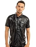 YiZYiF Herren Leder Hemd Kurzarm Muskel Shirt Slim Fit T-Shirt Männer Freizeithemd Wetlook Lederhemd Polizeihemd Sommer Tank Top Fitness Clubwear Schwarz Larg
