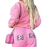 laamei Damen Jogginganzug Trainingsanzug Langarm Sweatshirt mit Jogginghose Sportswear 2 Stück Outfit Set Zweiteiler Frauen Bekleidungsset Yoga Fitness Freizeitanzug(C-Rosa，L)