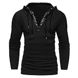 Xmiral Herren Kapuzenoberteile Kordelzug Vintage Leder Patchwork Langarm Sweatshirt Tops Pullover(XL,Schwarz)