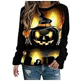 Pullover Damen O-Ausschnitt Sweatshirt Halloween Totenkopf Schläger Kürbis-Druck Langarmshirt Freizeit Lose Lässige Langarm Oberteil T-Shirt Bluse Tunika Teenager Mädchen Lockere Top