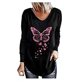 VEMOW Damen Rundhals Langarm Schmetterlings Print Langarmshirt , Lässiges Lockeres Herbst Basic Langarmbluse Top, mit Glänzende Schmetterling Pullover Oberteil Urlaubs Freizeit All-Match Top S