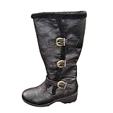 Anliyou Langschaftstiefel mit Kunstfell Damen Stiefel mit Abstz und Schnalle Weitschaftstiefel warm Wintersitefel Winterboots Reitstiefel Braun Schwarz Khaki Cool Retro edel PU L