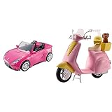 Barbie DVX59 - Cabrio Fahrzeug, in pink, mit Platz für 2 Puppen, Puppen Zubehör, ab 3 Jahren & FRP56 Motorroller, pink