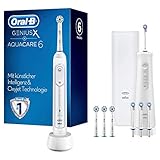 Oral-B Genius X Elektrische Zahnbürste mit Aqua Care Munddusche, 4 Aufsteckbürsten, 4 Ersatzdüsen, Lade-Reiseetui, Set für Zahnreinigung und Zahnpflege, Designed by Braun, weiß