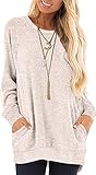 AUSELILY Damen Langarm Tops Lässige Rundhals T Shirts Blusen Süßes Sweatshirt mit Taschen Beige L