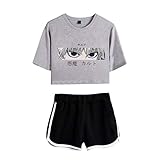 Yesgirl Hunter X Hunter T-Shirt ＋ Hosen Sets Damen Killua Eyes Hisoka Shirt Und Shorts Anime 3D Druck Sommer Tops Anzug Bauchfrei Oberteile Kurze Tank Top Kurzarm Blusen A Grau Schwarz S