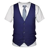 TiaoBug Herren Kurzarm T-Shirt Rundhals Tee mit Hemd Anzugweste Krawatte Aufdruck Lustiges Shirt Party Tops Unterhemd Clubwear Blau M