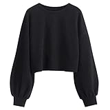ZAFUL Damen Pullover, Laternenärmel Crewneck Lose Kurz Strickwaren Sweater (Schwarz, L)