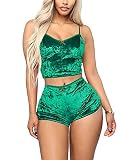 Damen Trainingsanzüge Sexy 2-teiliges Samt-Bluse Outfit Spaghettiträger ärmelloses Crop Top + figurbetonte Shorts Set Casual, grün, 42