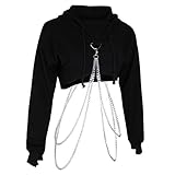 sharprepublic Damen Kapuzen Pullover Sweatshirt Hoodie Crop Top Strickjacke Sweater Hooded mit Metall Kette, Kapuzenpullover Kurz Bauchfrei - Schwarz, M