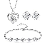 Jösva Silber Schmuck Set für Damen, 925 Sterling Silber Schmuckset, Liebe Herz Halskette Anhänger und Klee Ohrringe Armband Set, mit Weiß Zirkonia, Elegant Geschenk für Mutter Frau F