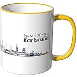 WANDKINGS® Tasse, Schriftzug Guten Morgen Karlsruhe! mit Skyline bei Nacht - GELB