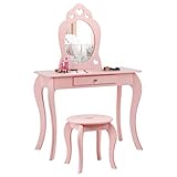 COSTWAY Kinder Schminktisch mit Hocker und Abnehmbarer Spiegel, Mädchen Frisiertisch Holz, Kindertisch mit Schublade, Spiegeltisch 70x34x105cm (Pink)