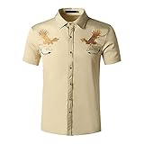 Trachtenhemd Herren Sommer Trend Persönlichkeit Druck Regular Fit Herren Shirt Modern Knopfleiste Kurzarm Henley Hemd Urban Business Casual Host Hemd G-Khaki 2 XL