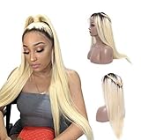 XFSHKJS Lace Front Seidig Glatt Echthaar Hellblond Perücke mit Babyhaar Vorgezupftes Haar Körperwelliges Haar Lange Perücken für alle Hauttypen Damen Echthaar 24 Zoll 150% Haardichte A/