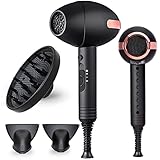 Ionen Haartrockner mit Diffusor, Reise Föhn Kleiner Kompakter, Leiser Fön mit 3 Wärmeeinstellungen 1 Diffusor und 2 Stylingdüsen, Leistungsstarker AC-Motor Tragbarer Föhn mit Keramik-Turmalin, Schw