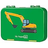 My Vesperbox – Bento Box Kinder - Lunchbox mit 4+2 Fächern - extrem robust – Brotdose – Brotbox ideal für Kindergarten und Schule… (Grün - Bagger)