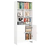 Bücherregal mit 4 Fächer und 2 Türen, Regal Weiß, Schrank Standregal Raumteiler Büroregal 70 × 29,5 × 167 cm Spanp