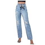 WOYAOFEI Damen Baggy Jeans Low Waist Hose, Löch und Farbverlauf, Slim Casual Jeans, Stretch Damen Straight Relaxed Fit - Boyfriend Skinny Hose (B#Blau, XS)