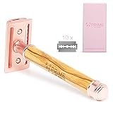 PRIME ART WOOD Rasierhobel Damen Rose Gold inkl. 10 Rasierklingen I Rasierhobel Frauen mit Griff aus Olivenholz, Nassrasierer Damen, Safety R