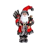 17,7 Zoll Weihnachtsweihnachtsmann Figur Tischdekoration， Stehender Weihnachtsmann, der Geschenktüte trägt und Schlitten hält， Künstliche rote Beeren Pine Picks Plüschpuppe für Weihnachtsfeier Home D