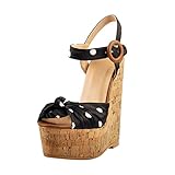 Only maker Damen Keilsandalen Knoten Peeptoe Sandaletten Plateau Polka Dot Knöchelriemen Sandalen Schwarz 41 EU