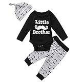 Geagodelia 3tlg Babykleidung Set Baby Jungen Langarm Body + Hose + Mütze Kleinkinder Neugeborene Weiche Warme Baumwolle Babyset Bekleidung (0-6 Monate, Little Brother (Schwarz + Grau-Schnurrbart))