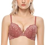 Wingslove Damen Push Up BH mit floraler Spitze gepolsterter Bügel BH Komfort BH（Lychee Rot 34C）