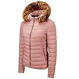 TWIOIOVE Leichte Steppjacke Damen mit Kapuze Daunenjacke Classic Einfarbig Stepp Parka Fellimitat-Jacke Baggy Gemütliche Langarm Outdoorjacke Kälteschutz Übergangsmantel Teenag