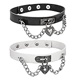 Aabellay 2PCS Breit Lederhalsband Halskette Damen Leder Choker Herz Schloss Anhänger Halsband Gotik Punk Rock Lederband Einstellbar Kragen - Schwarz Weiß