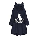 Sweatshirt mit Katzenohren und Stickerei, dicke Sweatshirts für Damen, Kapuzenpullover, Fleece, Wintermäntel, Übergröße, Kapuzenjacke mit Taschen, blau, 50