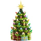 Brightown Weihnachtsbaum aus Keramik, dekorierter Weihnachtsbaum mit bunten Lichtern, 38,1 cm, grün, inklusive Sterne und Geschenk