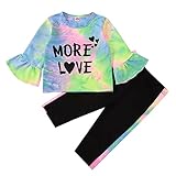 Alunsito Baby Mädchen Kleidung Outfits Flare Sleeve Letter Printed Top Gestreifte Lange Hose 2Pcs Herbst Winter Tie Dye Set 100 3-4 Jahre Schw