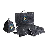 Sauna Geschenk-Set Zubehör Männer aus Filz, 5-teilig - Tasche, Handschuh, Saunahut, Filzpantoffel, Sitzmatte, mit Stickerei (Russisch) (Blau - Bester Saunafan)