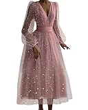 Tomwell Damen Kleid Sexy V-Ausschnitt Mode Kleid Laterne Langarm Glänzend Abendkleid Hohe Taille Schlank Midi Kleid Swing Cocktailkleid B Rosa XL
