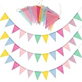 Wimpelkette Outdoor, Wimpelketten 60 Stuck Lmitation Leinen Mehrfarbig Dreieck Flaggen Wimpelkette Kinderzimmer Girlanden Deko für Hochzeit Party Geburtstag Gartenparty (12Pcs Wimpel/Jede Girlande)