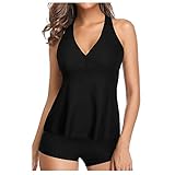 BBRS Damen Tankini-Badeanzug, Bauchkontrolle, Oberteil mit Shorts, zweiteiliger Badeanzug, Schwarz , M