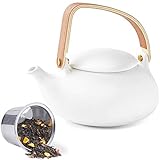 ZENS Teekanne Porzellan Weiß, Japanische kanne mit Sieb für Losen Tee, 800ml Matt Chinesisch Klein Teapot mit Modern Bugholz Griff für Zw