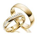 2 Handmade Ringe Trauringe aus 333/585 Echt Gold - Eheringe Verlobungsringe Gold mit Zirkonia Stein inklusive Luxus-Etui mit personalisierten Namen - Gelbgold Damen Paar Ehe-ringe mit Gravur angenehm und Allerg