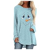 Tophoopp Tunika-Tops für Damen, Rundhalsausschnitt, lässig, lange Ärmel, Schneemann-Druck, einfarbig, Sweatshirt, Tunika, Bluse, Tops, hellblau, Larg