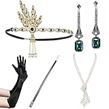 MGW 1920er Jahre Flapper Zubehör Set 20er Jahre kostüm Accessoires Damen 1920s Stirnband Halskette Handschuhe Ohrringe Zigarettenspitze Inspiriert von Große Gatsby Zubehör(5pcs Set)