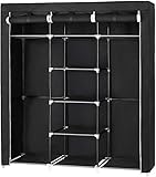 Großer Kleiderschrank, Stoffschrank XXL Faltschrank mit 2 Kleiderstange, 175 x 150 x 45 cm, mit DREI hochrollbaren Türen, schwarz platzsp