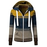 Sunggoko Sweatshirt Pulli Damen Hoody Kapuzenpullover Herbst/Winter Casual Striped Print Hooded Zipper Oversize Women Pocket Jacke Sweatjacke Streifen Kragen Kariert 80