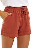 NEYOUQE Damen-Shorts aus Baumwollleinen, leger, elastischer Bund, bequeme Shorts mit Tasche - Orang